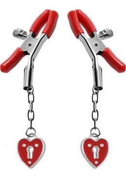 Master Series Charmed Heart Padlock Nipple Clamps Red