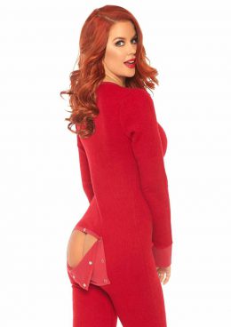 Leg Avenue Cozy Brushed Rib Long Johns With Cheeky Snap Closure Back Flap - XLarge - Red