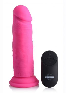 Strap U Power Player 28X Vibrating Silicone Rechargeable Dildo 6.5in With Remote Control - Pink