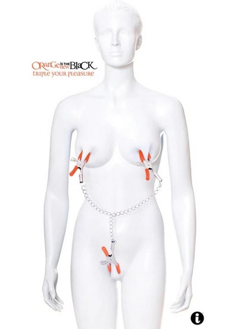 The 9`s - Orange Is The New Black Triple Your Pleasure Nipple and Clitoral Clamps with Chain - Orange
