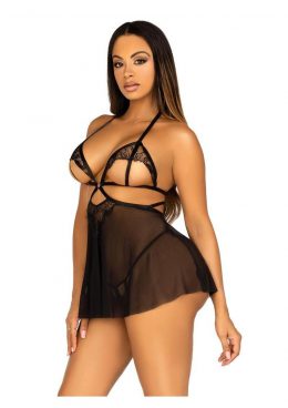 Leg Avenue Open Cup Eyelash Lace and Mesh Babydoll with Heart Ring Accent and Matching Panty - Large - Black