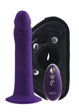 VeDO Diki Rechargeable Silicone Vibrating Dildo with Harness and Remote Control - Deep Purple