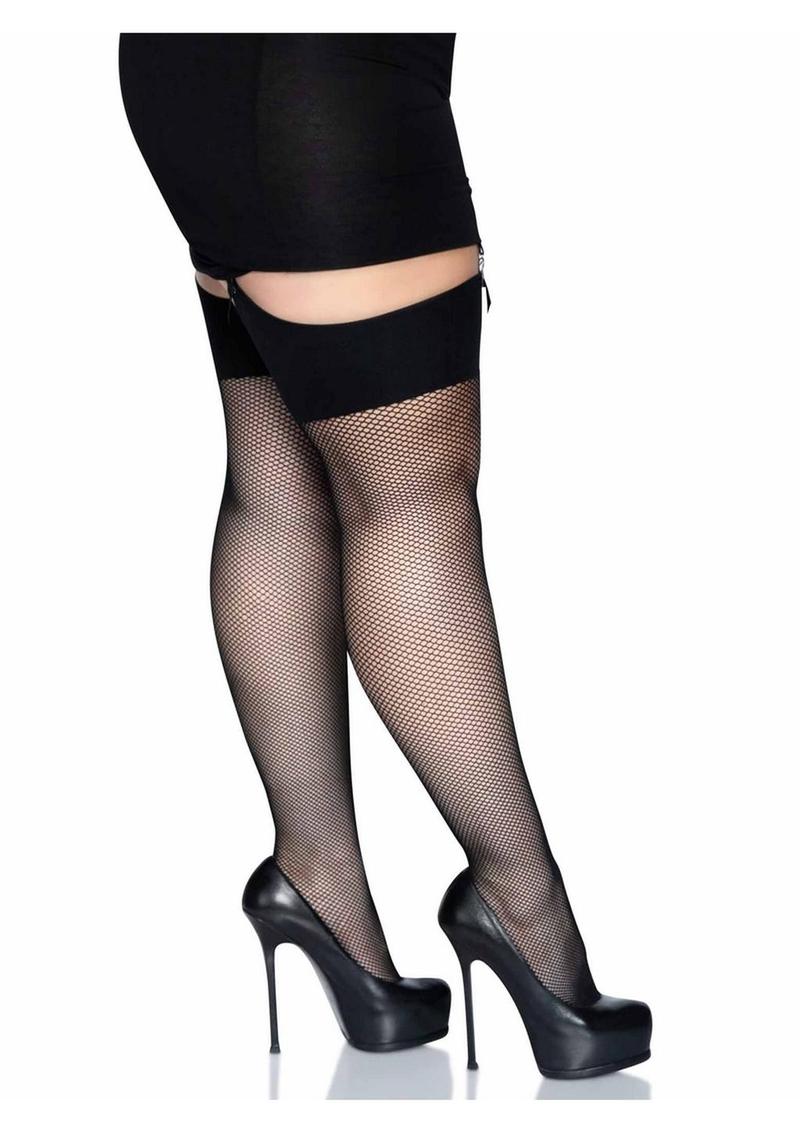 Leg Avenue Spandex Fishnet Stockings with Comfort Wide Band Top - 1X-2X - Black