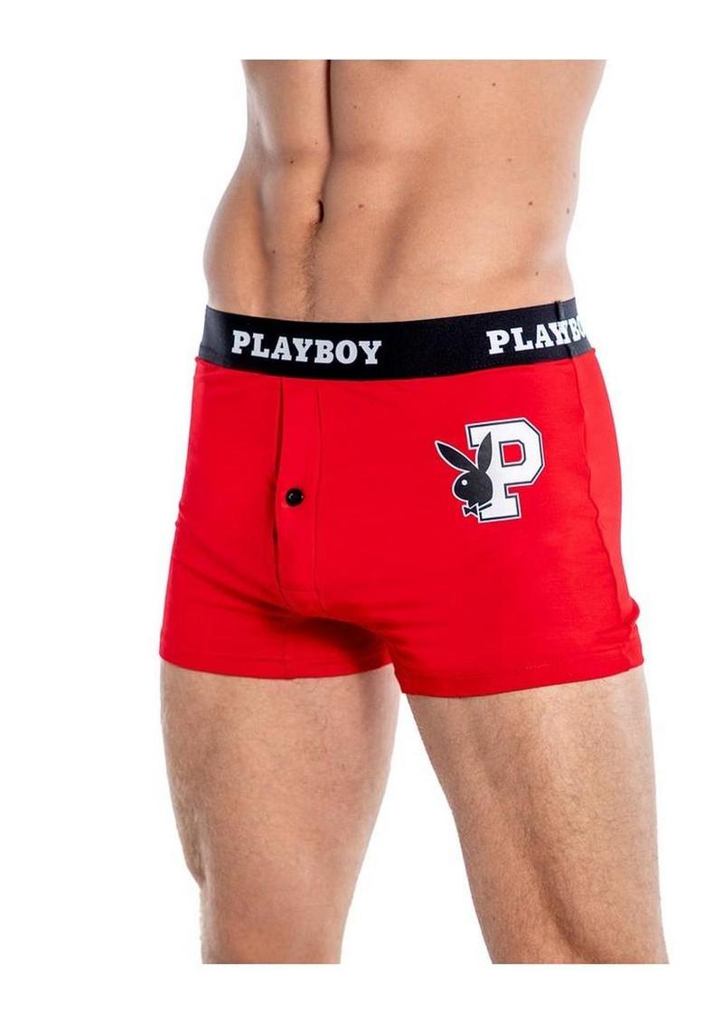 Playboy Mens Varsity Boxer Briefs - Red/White - Small